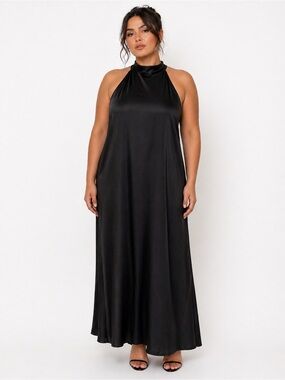 Black Maxi Dress XL High Neck Wedding Guest Minimalist Elegant